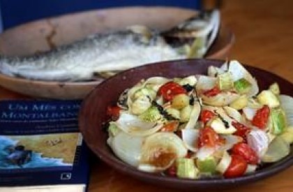 Fetuccini com anchova e legumes assados