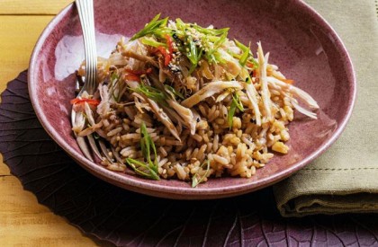 Salada oriental de arroz com frango para um